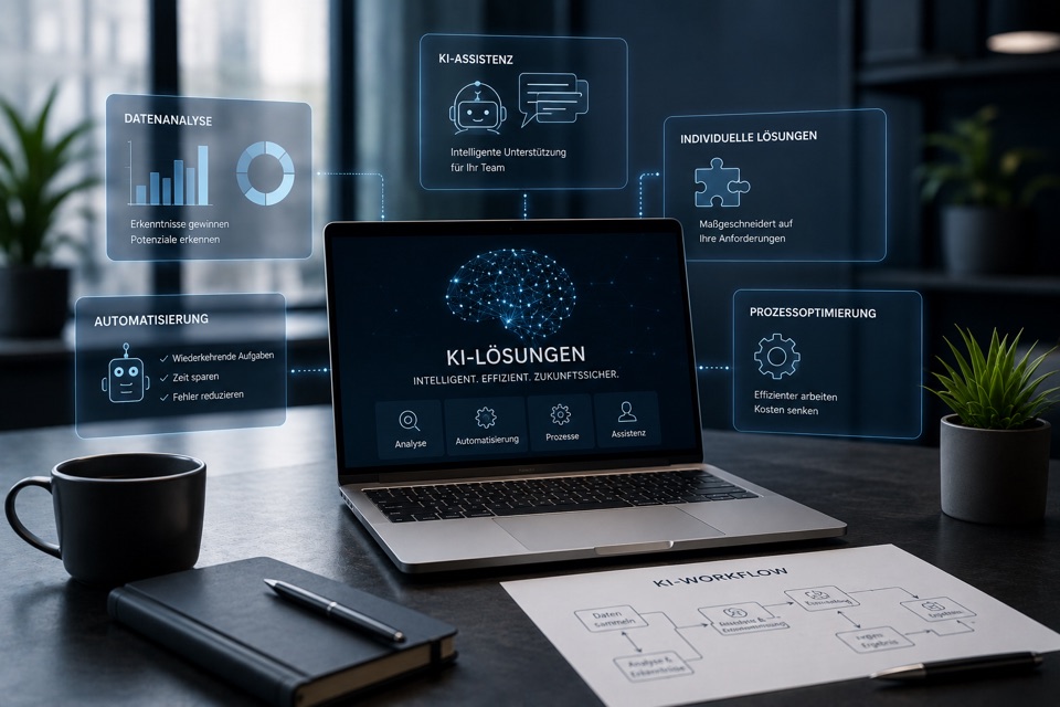 Arbeitsplatz mit KI-Lösungen für Datenanalyse, Assistenz, Automatisierung, individuelle Anwendungen und Prozessoptimierung