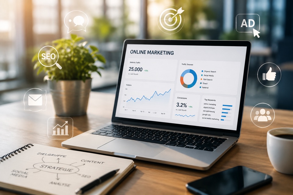 Arbeitsplatz mit Online-Marketing-Dashboard, Kennzahlen zu Website-Traffic und Conversions sowie Symbolen für SEO, Zielgruppe und Werbung