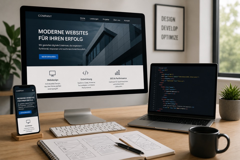 Webdesign-Arbeitsplatz mit responsiver Unternehmenswebsite auf Desktop und Smartphone, Quellcode und gezeichneten Wireframes